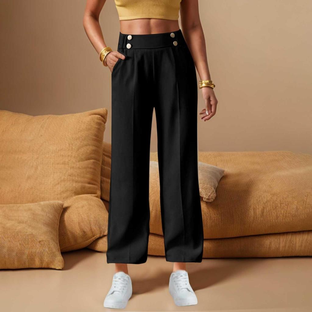 Women's Summer Solid Color External Pocket Loose High Waist Wide Leg Formal Straight Pants
