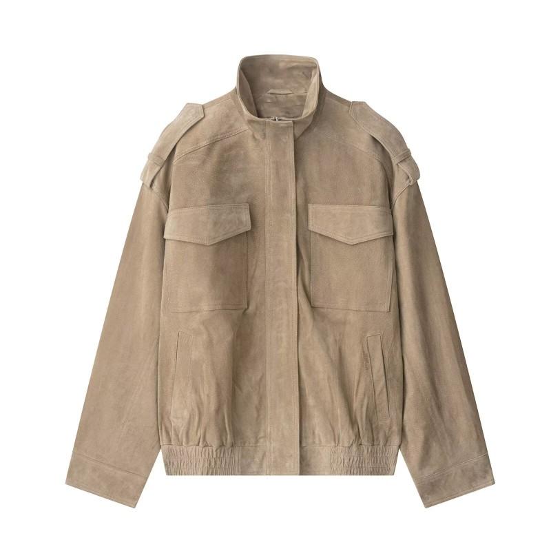 Womens Oversized Faux Leather Jacket In Vintage Streetwear Style PU Material Stand Collar Zipper Front Black Khaki