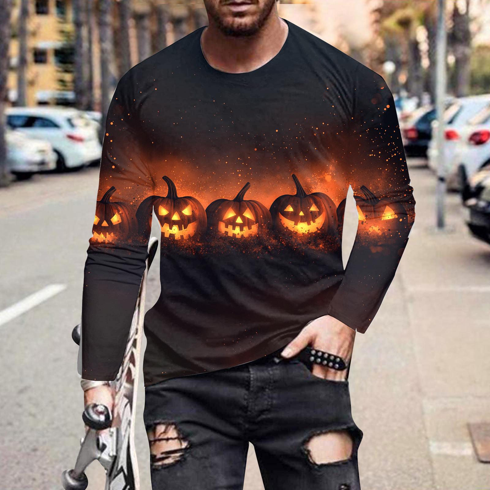 

Весенне-осенние футболки с круглым вырезом, принтом тыквы в стиле триллер на Хэллоуин, 3D-печать, модные повседневные мужские футболки с длинным рукавом 5XL