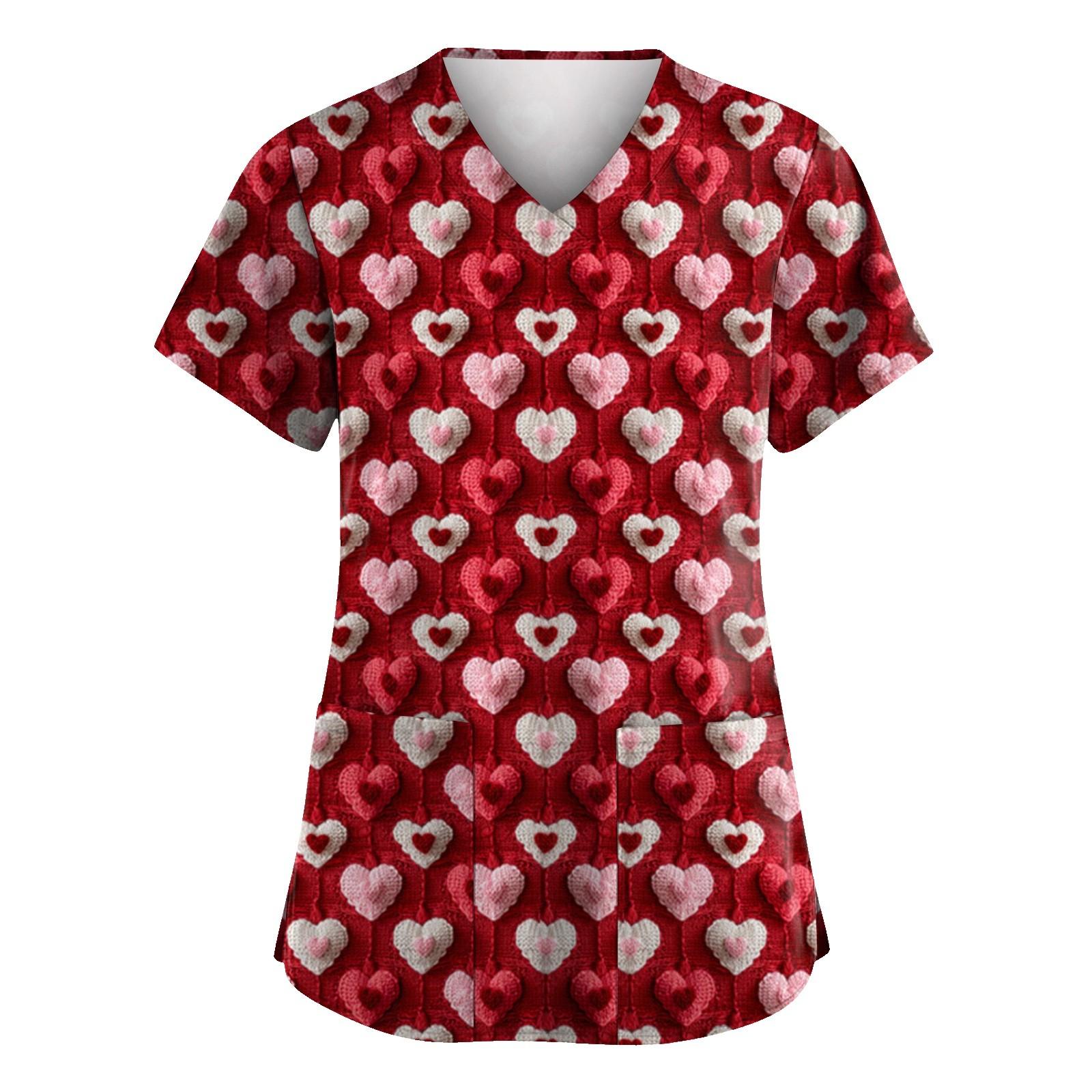 

С Днем святого Валентина, женская мода, V-образный вырез, короткий рукав, рабочая одежда с карманами XXXL винный