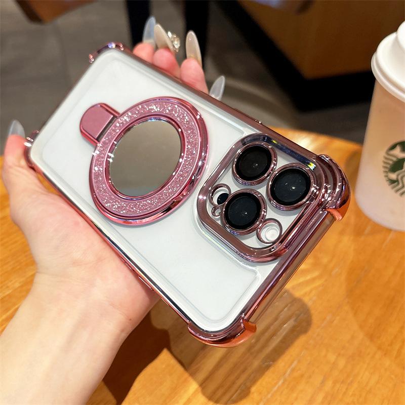 Applicable to iPhone17 mobile phone case, airbag anti-drop glitter, mirror bracket, magnetic suction, Apple 16PROMAX transparent guarantee