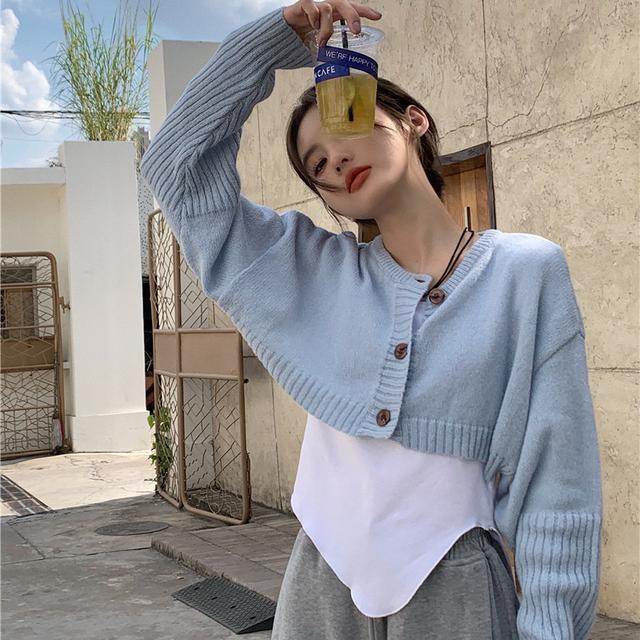 

Корейский модный синий укороченный кардиган женский винтажный милый повседневный вязаный свитер консервативный стиль с длинным рукавом топы Y2K Kpop XL синий