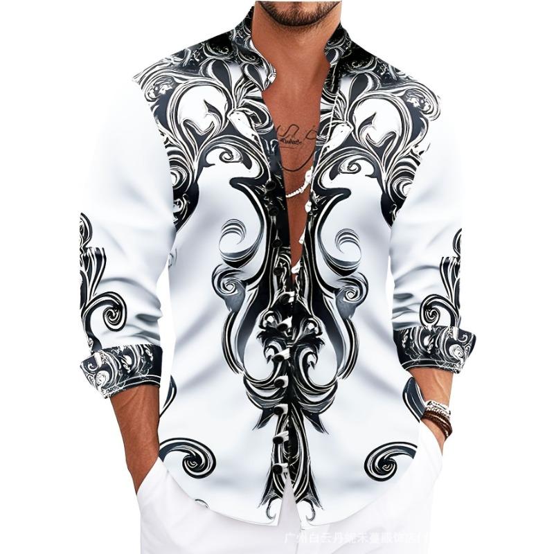 Men S Long Sleeve Chinese Style Button Placket Printed Shirt