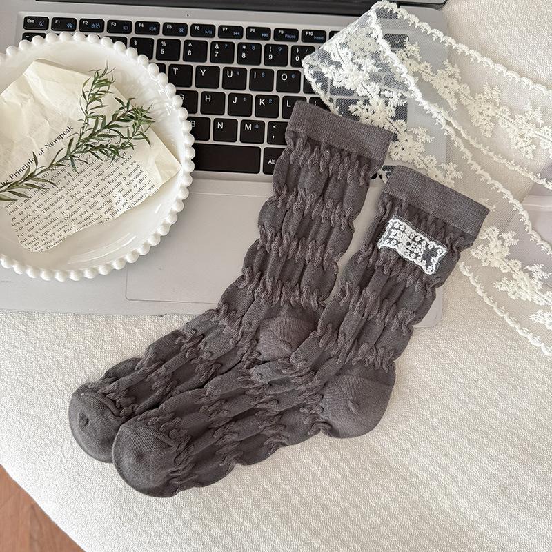 Female Spring and Autumn Pure Color Lace Cloth Standard Pleated Texture In The Tube Pile Socks