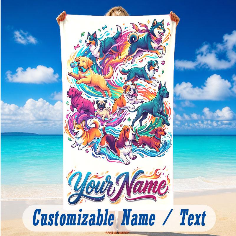 Dog Theme Beach Towel Personalized Custom Name & Text Soft Quick Dry Beach Towel for Swimming Travel