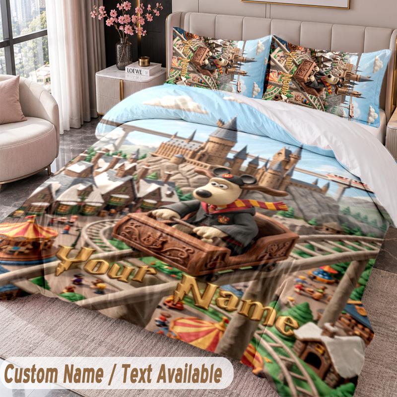 Custom Name Text 3Pcs Bedding Set Wallace & Gromit Duvet Cover And Two Pillowcases