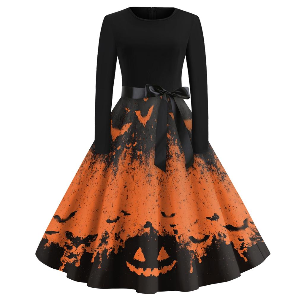 Women's Vintage Casual Round Neck Dress with Happy Halloween Print