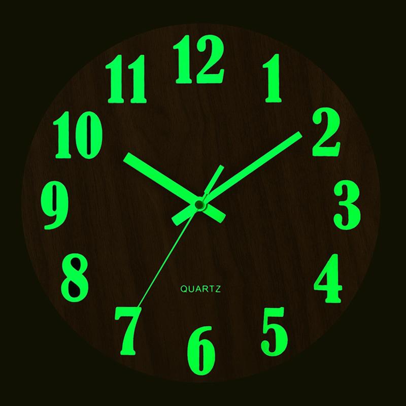 Round Luminous Wall Clock Glow In Dark Wooden Silent NonTicking Modern Style for Bedroom Decor