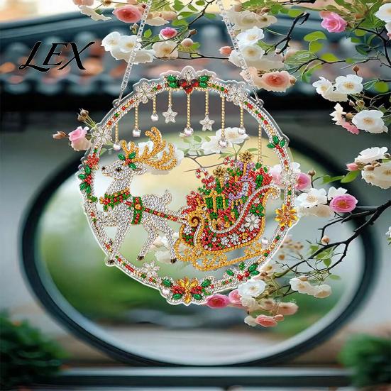 Festive Tree Ornament Crafting Christmas Rhinestone Painting Suncatcher Kit, DIY Faux Pearl Art Xmas Crafts for Adults Beginner, Acrylic Decorative
