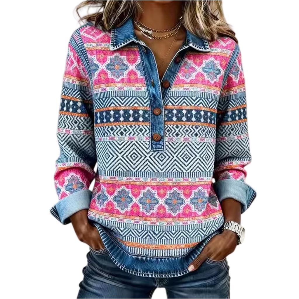 Women's Vintage Print Loose-fitting Long-sleeved Top