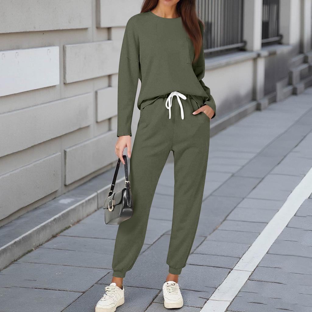 Sets For Women 2 Piece Round Neck Long Sleeve Shirts Colid Sweatpants Pocket Sets