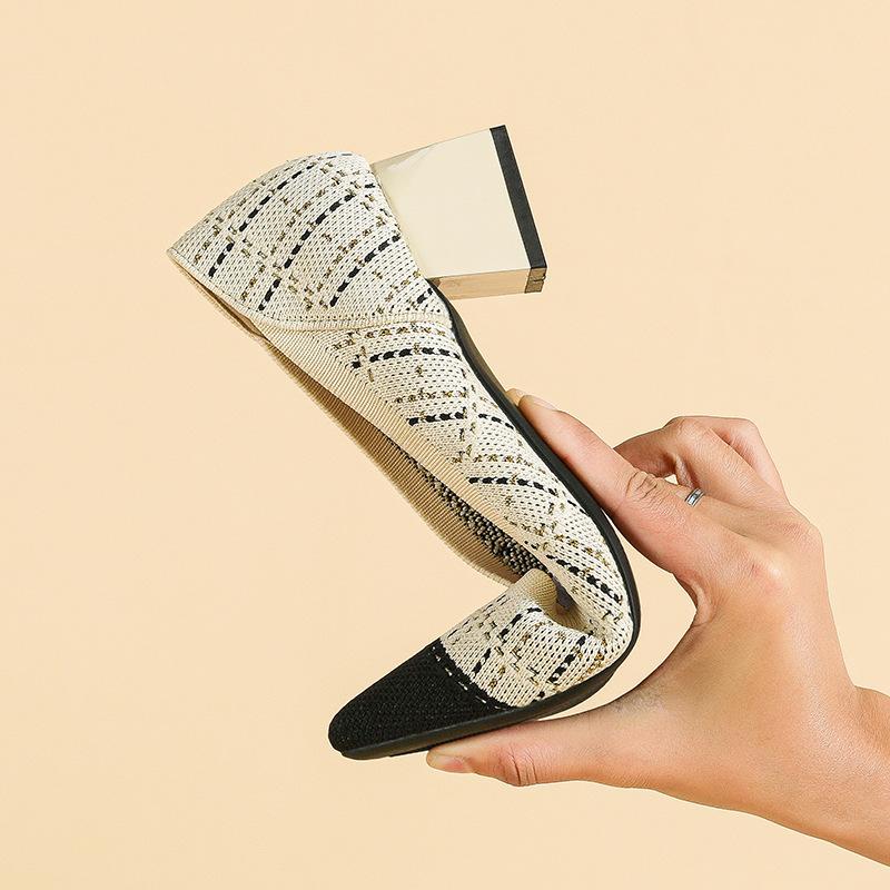 Work Pumps for Women Chunky Block Heels Pointed Toe Knit Comfortable Slip On Walking Shoes Women's Casual Dressy Shoes Party Office Low Heeled Shoes