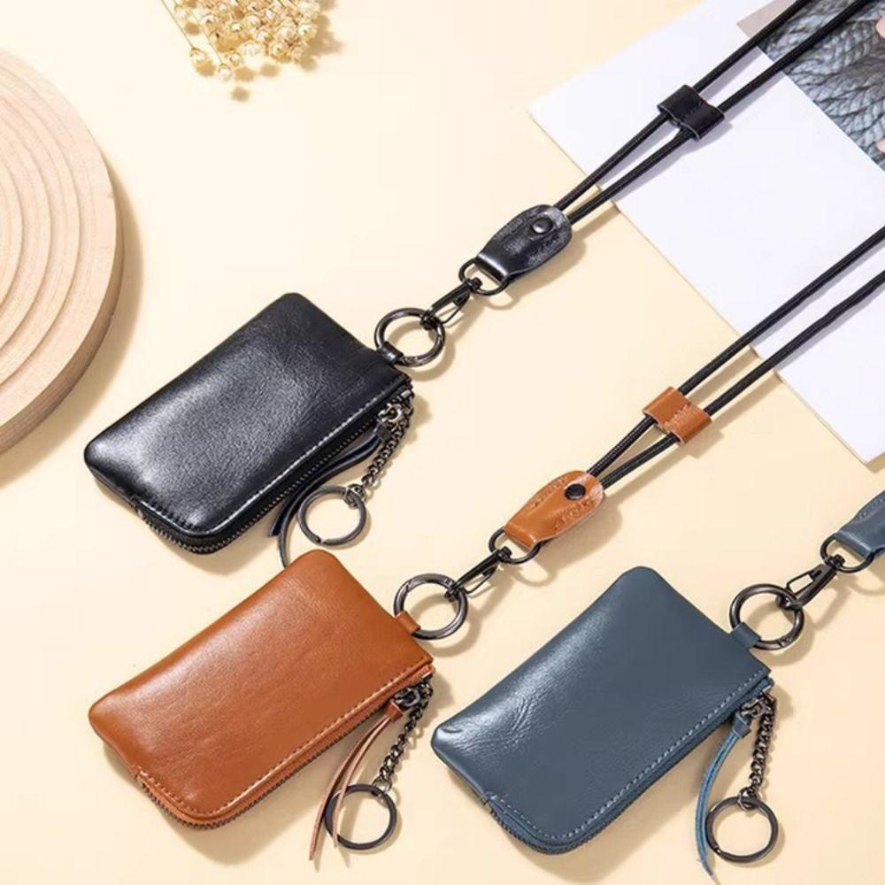 Retro Hanging Neck Wallets PU Card Holder Simple Men's Money Pouch  Gift