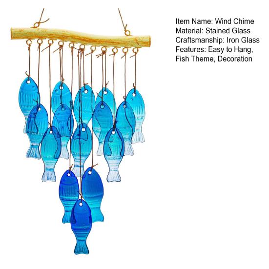 Blue Glass Fish Wind Chime Handcrafted Nautical Fish Theme Suncatcher Indoor Outdoor Garden Yard Patio Hanging Wind Bell Decoration