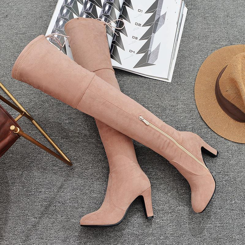 

Женские сапоги на высоком каблуке осень и зима новые классические на толстом каблуке большого размера замшевые ботфорты 42