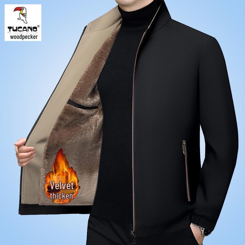 Woodpecker Men s Fleece-Lined Jacket - Thickened, Cotton-Padded, Autumn/Winter Casual Coat for Middle-Aged S (85-100 jin)