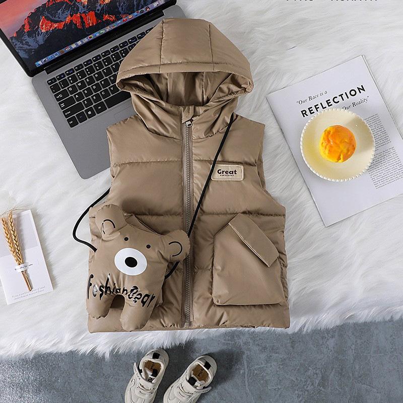 Backpack-ear Children's Down Cotton Vest, Autumn and Winter Thick Outerwear Hooded Vest for Boys and Girls