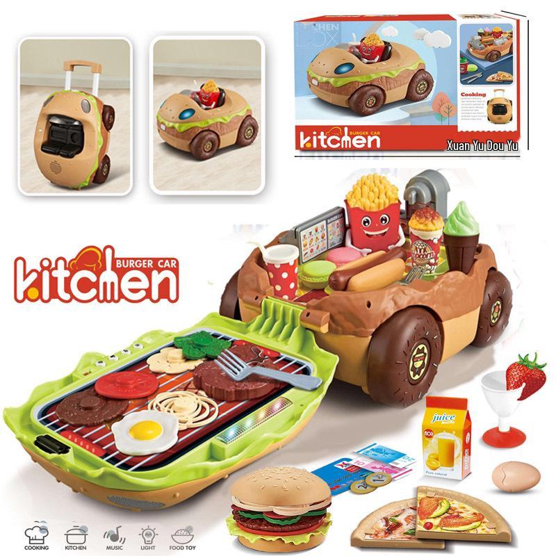 Large Kids Pretend Play Kitchen Set - Hamburger BBQ & Cooking Cart