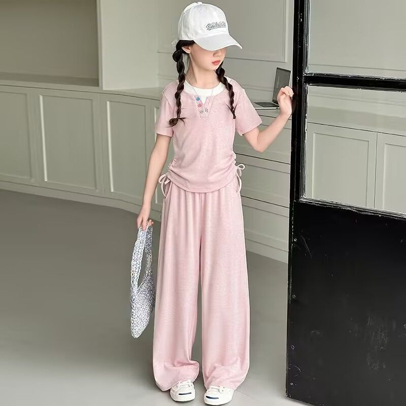 Girls' Summer Set Fashionable and Casual Children's Summer Short Sleeved Wide Legged Long Pants Two-piece Set