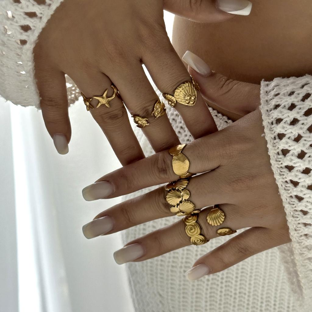 European and American Fashion Shell Starfish Open Rings For Women Gold Color Stainless Steel Adjustable Ring Party Jewelry Gift