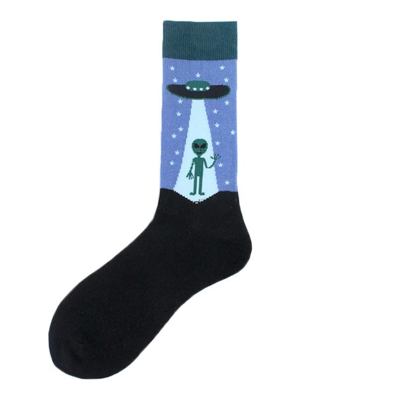 Happy Funny Unisex Painting UFO Astronaut Outer Space Rocket Men Crew Socks Male Boys Streetwear Cotton Causal Skateboard Sox