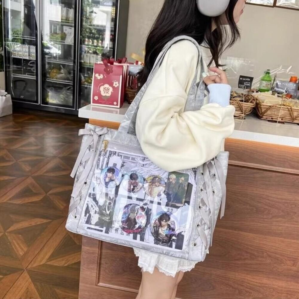 New Y2K Ribbon Bow Japanese Ita Shoulder Bag Cute Girl Transparent Pocket Large Capacity Crossbody Tote Bag DIY Display Handbags