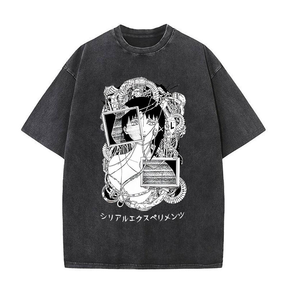Japanese Anime Serial Experiments Lain Vintage Washed T Shirt Manga Iwakura Girl Sci Fi T-shirts Men 100% Cotton Casual T Shirt