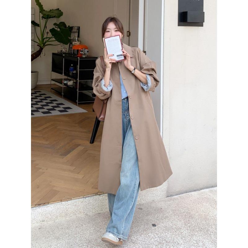 Dark Khaki Single-breasted Windbreaker Women's Mid-length Spring and Autumn New Temperament Loose Design Coat Jacket