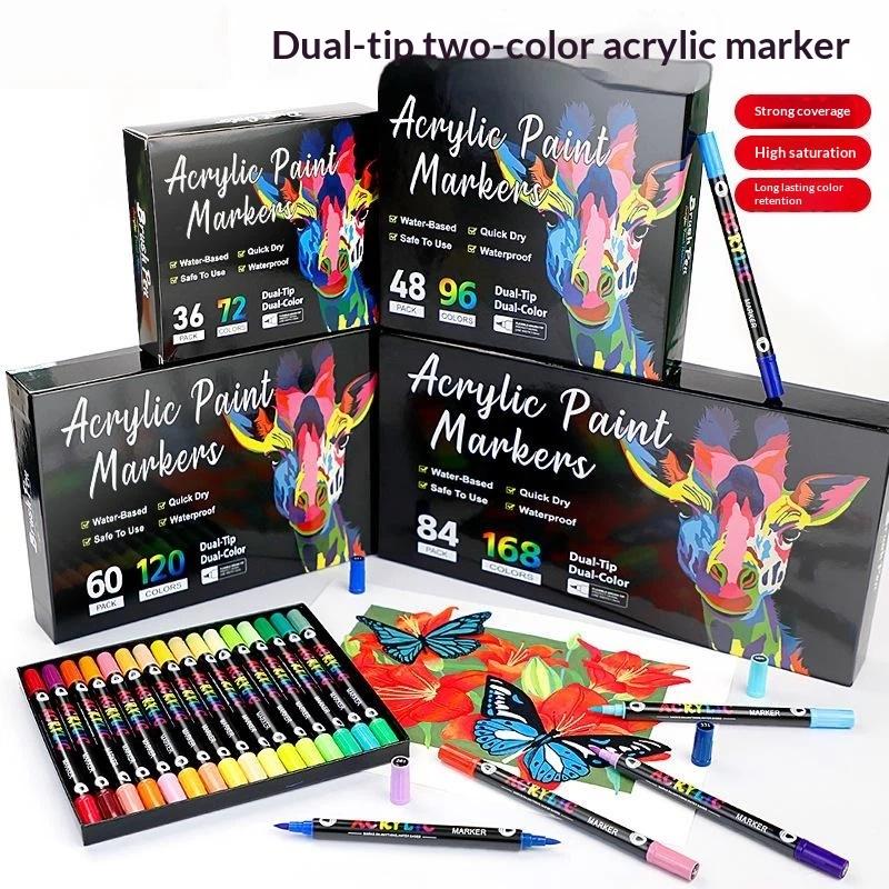24/48 Colors Dual Tip Acrylic Paint Marker Pen Double Color High Saturation Paint Pen For Kids Student Diy Graffiti Art Drawing
