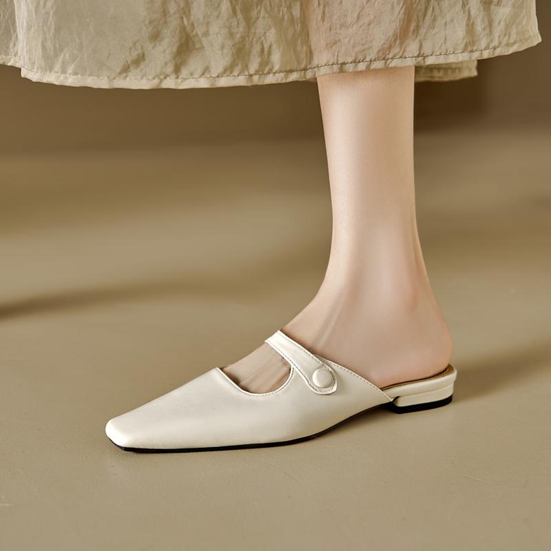 Fashion 2025 New Summer Women Mules Genuine Leather Women Shoes Square Toe Chunky Heel Shoes Cover Toe Slingback Sandals Slippers