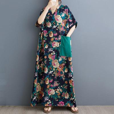 Short Sleeve Plus Size Cotton Linen Vintage Floral New In Dresses for Women Casual Loose Maxi Long Summer Dress