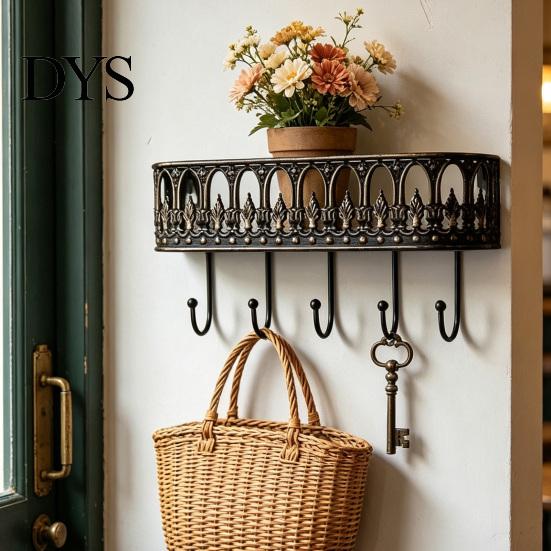 French Country Wall Shelf Mounted Floating Shelves, Metal with 5 Hooks, Key Holder Rustic Plant Stand Mail Organizer, Storage Rack for Entryway Living