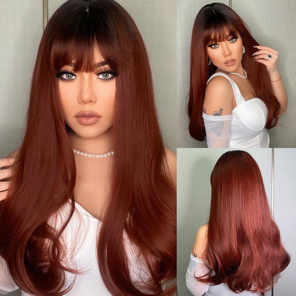 EASIHAIR Long Red Wine Burgundy Dark Red Straight Synthetic Wig with Bangs Women Cosplay Natural Hair Wig Hair Heat Resistant
