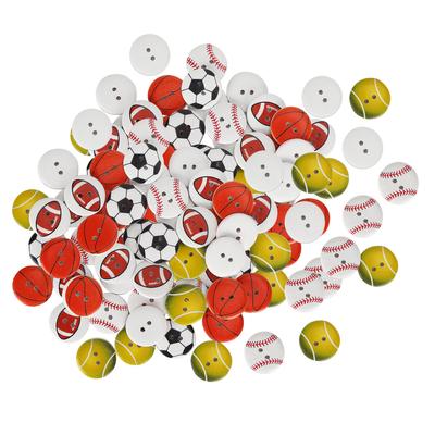 100 Stück Holzknöpfe 2-Loch Runde Form Basketball Fußball Gemischtes Muster Nähknöpfe