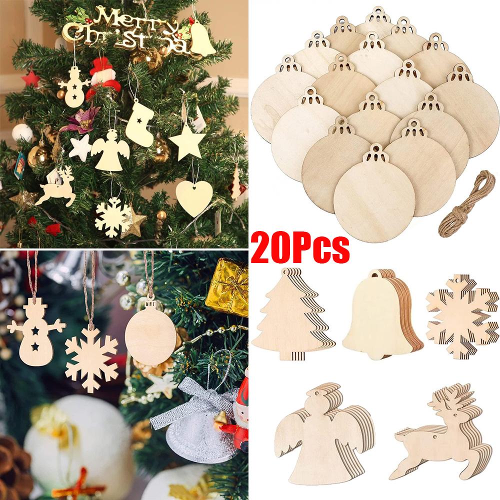 20Pcs Christmas Wooden Baubles Round Wood Slices Wood Disc Hanging Ornaments Baubles for DIY Crafts Christmas Tree Decoration