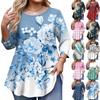 Ladies Floral Print Plus Size 3/4 Sleeve Round Hem Round Neck Fashion Top