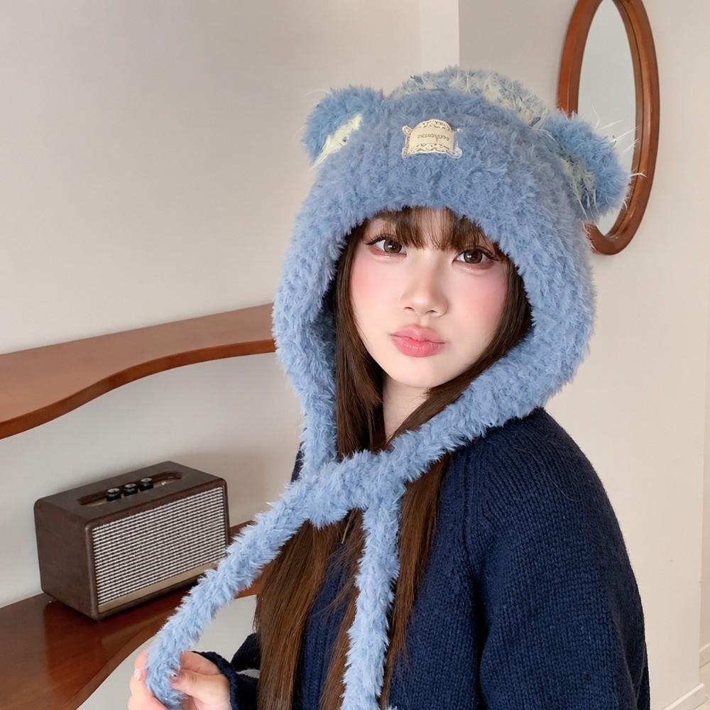 Cartoon Bear Ear Plush Knitted Hat Keep Warm Bear Ears Beanie Lovely Ear Protective Cap For Women