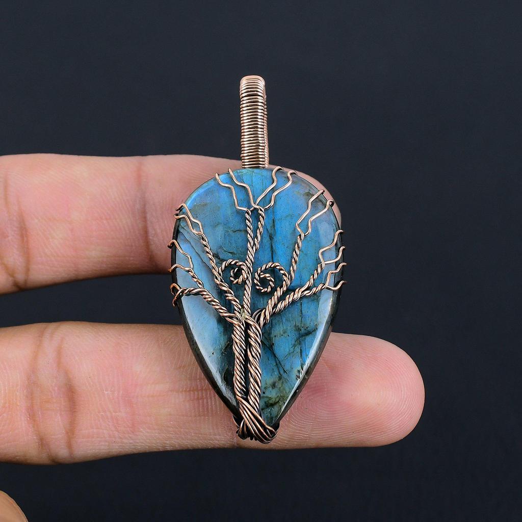 Natural Double Tree of Life Labradorite Gemstone Pendant | Oxidized Copper Wire Wrapped | Necklace Pendant | Copper Jewelry Gift For Her/him