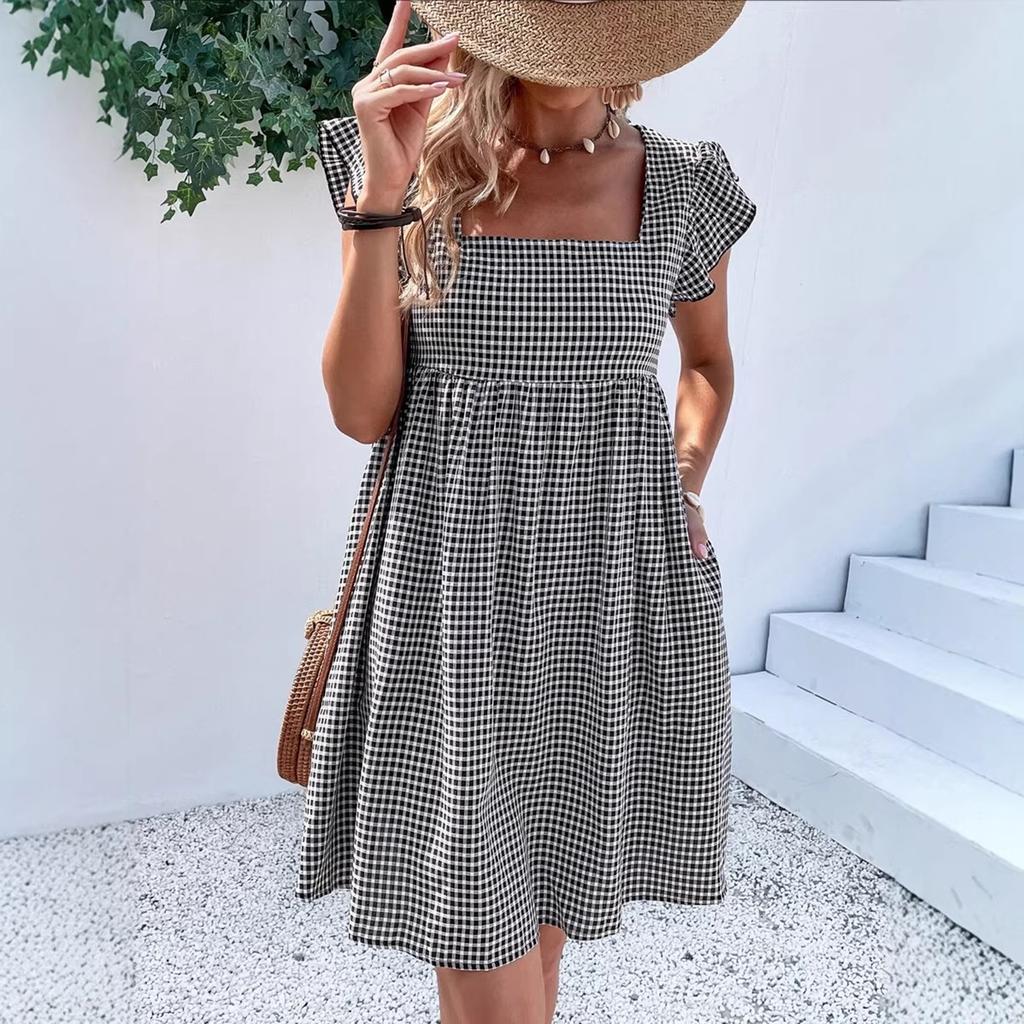 Women's Square Neck Dress with Ruffle Sleeves High Waist Gingham Pattern Casual Loose Fit Summer Dress