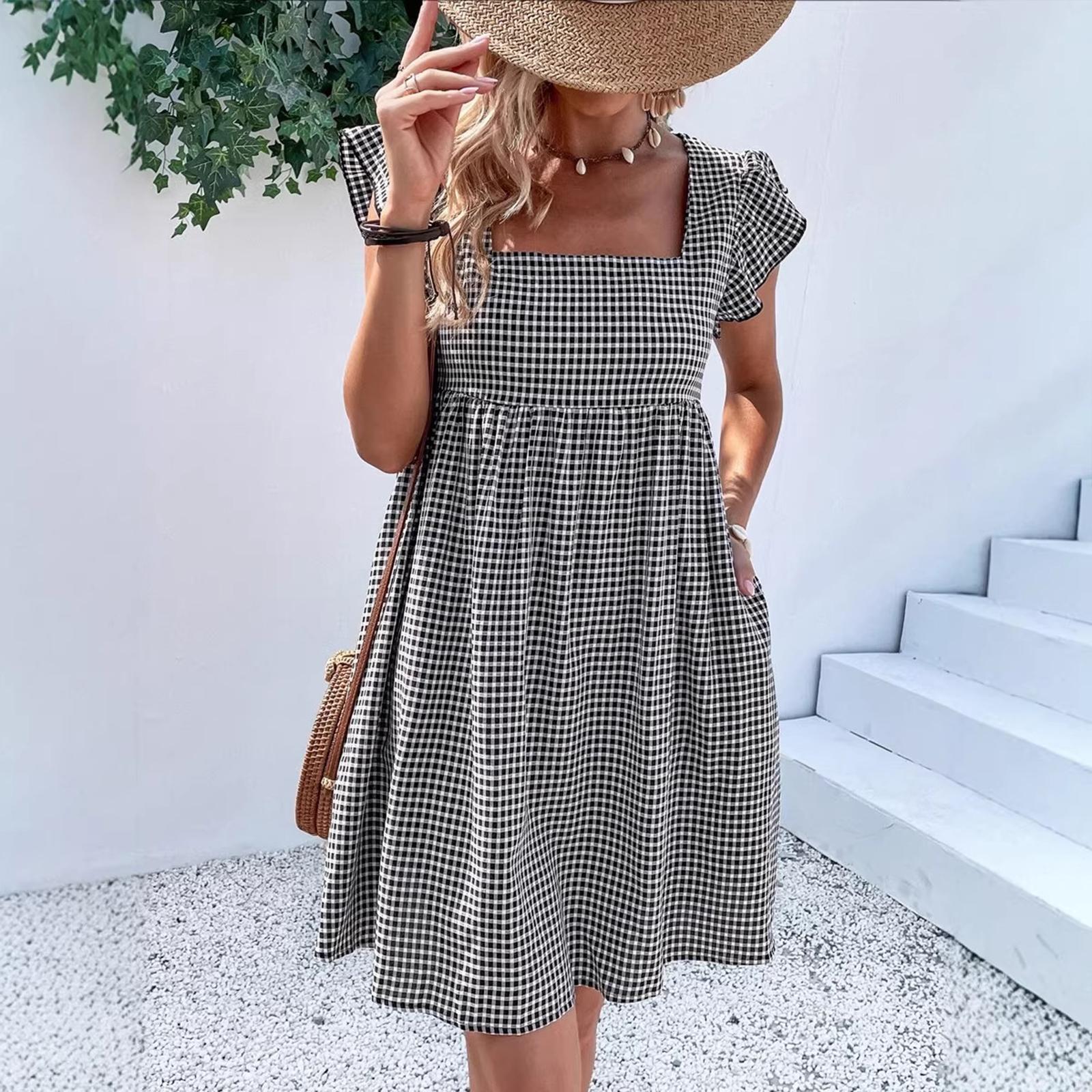 

Women s Square Neck Dress with Ruffle Sleeves High Waist Gingham Pattern Casual Loose Fit Summer Dress L чёрный