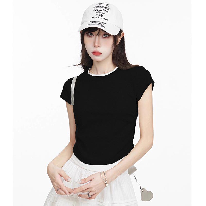 

Black Slimming 2025 Modal Double-Sided Ruched Color Block Short-Sleeve Two-Piece Women s Top Double Extra Large чорний