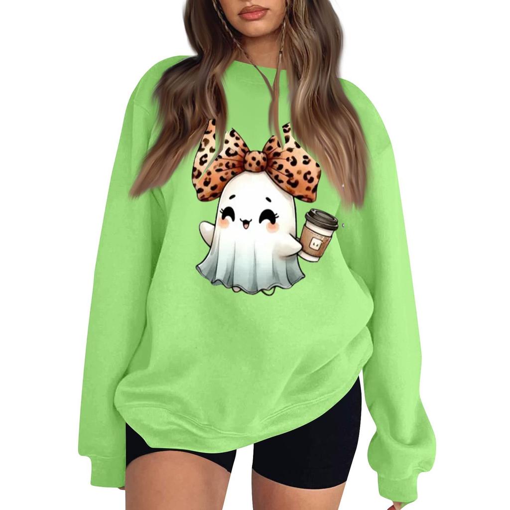 Women's Neck Long Sleeve Sweatshirt Casual Loose Fit Color Pullover with Halloween Print
