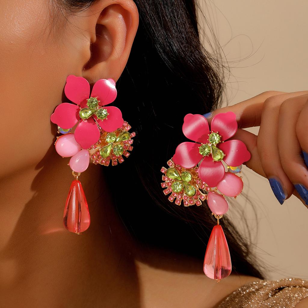 Resin Flower Retro Personality Exaggerated Versatile Water Drop Pendant Earrings