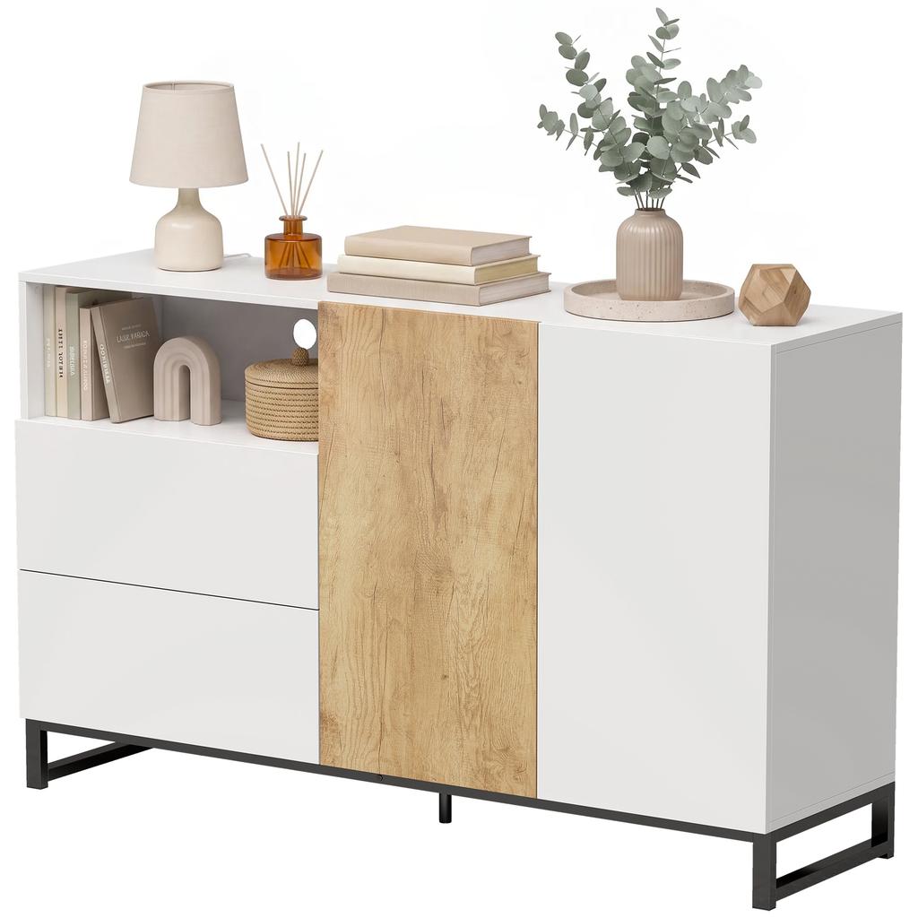 Living Room Sideboard, 2 Soft-Close Doors, 2 Drawers, Adjustable Shelf, White and Oak
