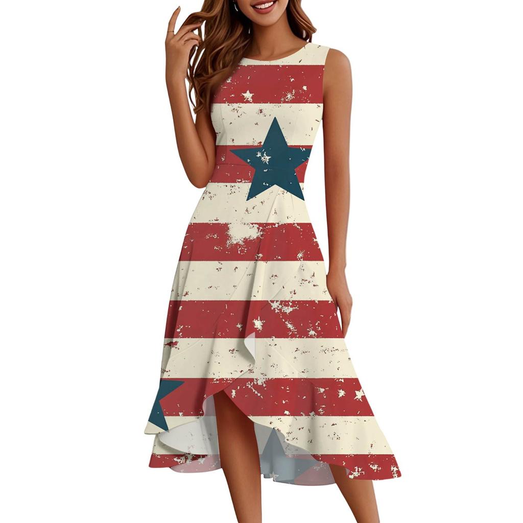Dámská móda Ležérní Zip Bez rukávů Kulatý výstřih Den nezávislosti Potisk Elegantní Temperament Volány Šaty Šaty