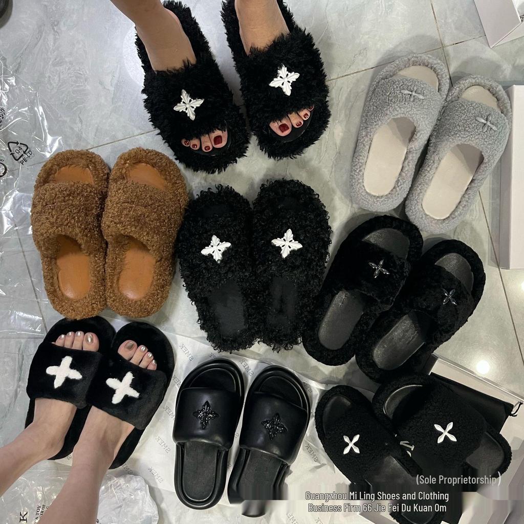 2024 High-Version SMF-K Fur Slippers: Thick-Soled Leather & Velvet Cross Design in Black/Gray
