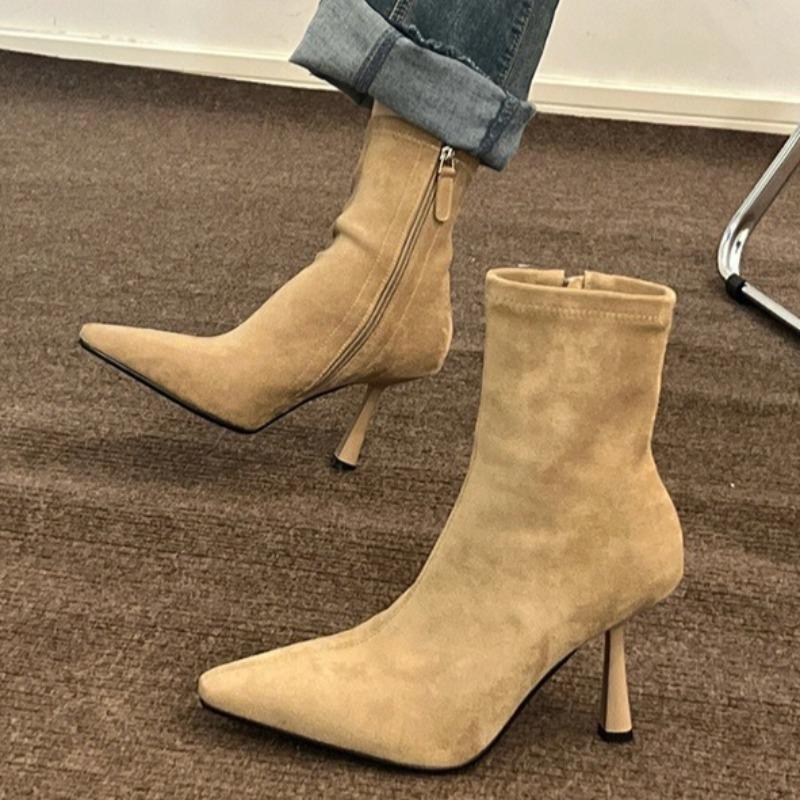 Fashion High-heeled Short Boots for Women 2025 Summer Thin-heeled Medium Tube Boots Women Pointed Head Temperament Suede Elastic Boots