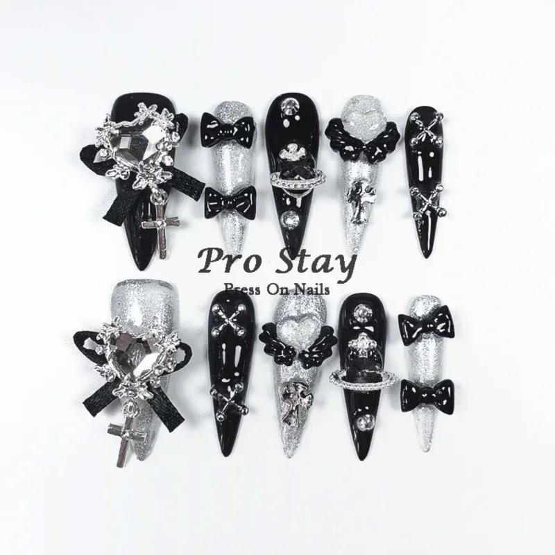 10Pcs Handmade Dark Black Y2K Press On Nails, Sweet Cool False Nails with Diamond & Metal Decor for Hot Girls