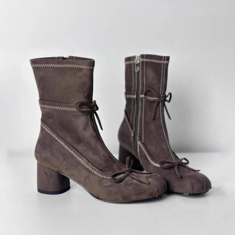 Fashion Niche Design Suede Skinny Boots Women's 2025 New Bow Block Heel Side Zipper Small Booties