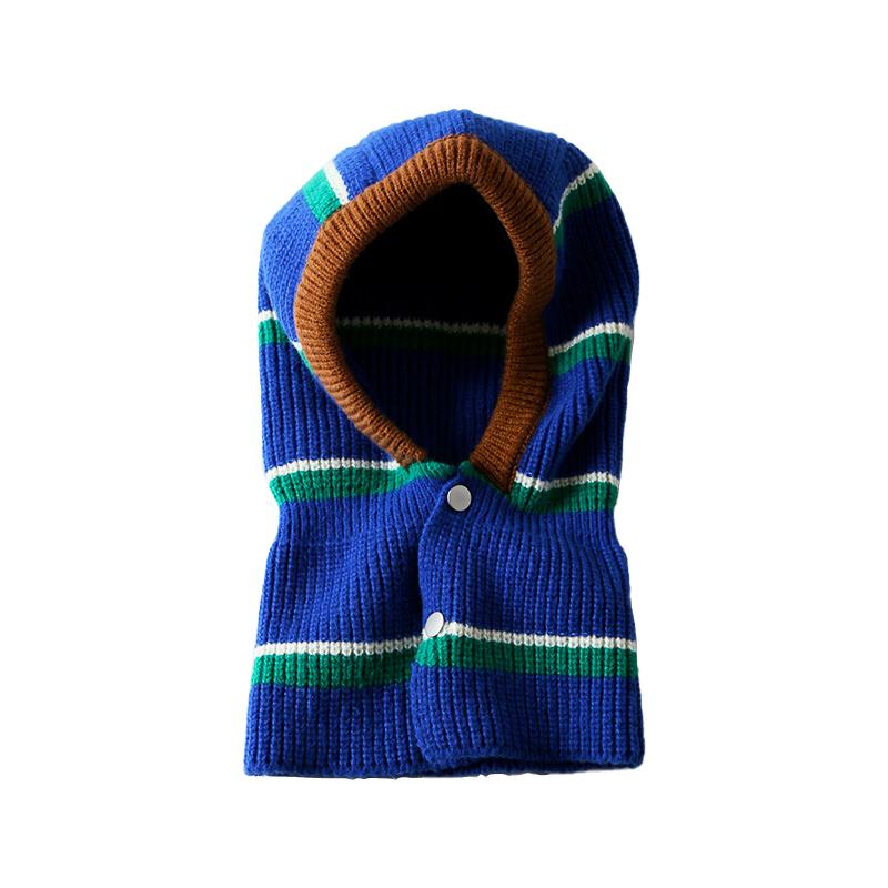 Hot Sale Balaclava Face Mask Hood Hat Cap Girls Knitted Striped Button Balaclava Hat and Scarf Two Piece Woolen синий